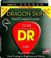 DR DSA-2/12 - струны для акустической гитары, упаковка 2 комплекта, Калибр: 12-54, Серия: DRAGON SKIN™, Обмотка: фосфористая бронза, Покрытие: есть