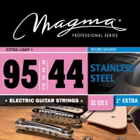 Electric guitar string set Magma GE120S - Electric guitar strings with bright rich timbre and good flexibility, Extra Light+ tension, thickness .0095-.044 inch. Stainless steel wound octagonal core.