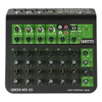ECO GREEN MIX 42i Компактный микшерный пульт со встроенным аудиоинтерфейсом. 4 микрофонно-линейных входа и 3 стереопары. 2-х полосный эквалайзер (микр\лин входы). 1 AUX SEND. Дополнительные вход\выход для записывающего устройства, выход на наушники. Отклю