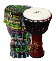YUKA DJPE8-16 - джембе, веревочная настройка, размер: 8"(20см)-16"(40см), мембрана: натуральная кожа, корпус: пластик, декорирован в этническом стиле, чехол в комплекте