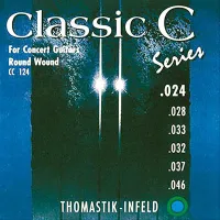 Classical guitar string set Thomastik CC124 - Classical guitar strings with round silver-plated copper wound basses and synthetic fiber trebles, medium tension