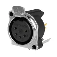 Seetronic SCADF5-V Разъем cannon (XLR) панельный мама 5-ти контактный с монтажом в печатную плату. Металлический корпус, Покрытие контактов: золото, Цвет: хром, Grounding: separate ground contact to mating connector shell and front panel, vertical PCB mou