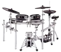 PEARL E/MERGE TRADITIONAL (EM-53T) (EM-EDP/A. EM-EDP/B, EM-HWP, EM-KCPC) - электронная ударная установка на раме. Пэды барабанов: малый, 2 подвесных тома, 1 напольный том, бас барабан. Пэды тарелок: хай-хет, крэш, райд. Электронный модуль.
