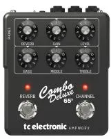 Tc electronic combo deluxe 65' preamp педаль двухканальный гитарный предусилитель, эмулятор комбоусилителя blackface reverb deluxe 1965 года, независимое управлением каналами, встроенный пружинный ревербератор, ir-модель кабинета celestion,  выходы di и н