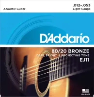 Acoustic guitar string set D'Addario EJ11 - Acoustic guitar strings with carbon steel tops and 80/20 bronze wound basses on hexagonal core. Light tension, thickness .012-.053 inch
