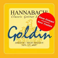 Classical guitar string set Hannabach Goldin E725MHT - Дисканты из суперкарбона золотисто-желтого цвета со звуком более мягким и теплым, чем у обычных карбоновых струн. Басы Goldin с намоткой из золотистой никелевой нити. Среднее натяжение дискантов и сил