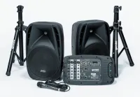 Gemini ES-210MXBLU-ST - Комплект состоящий из микшера-усилителя, 2х пассивных 10",  пиковая мощность 600 вт. акустических ситем, 2х стоек трипод, коммутации и проводного микрофона. USB, SD, Bluetooth