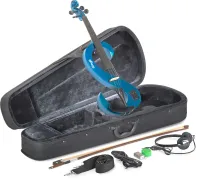 STAGG EVN 4/4 MBL - Электроскрипка 4/4 Цельный клен, лакированный корпус, 4 подстроечных винта, регулировки громкости, НЧ и ВЧ, выход на наушники (мини-джек) и линейный выход (джек), в комплекте смычок, канифоль, футляр, наушники.Цвет - синий металлик.