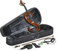 STAGG EVN 4/4 VBR - Электроскрипка 4/4 Цельный клен, лакированный корпус, 4 подстроечных винта, регулировки громкости, НЧ и ВЧ, выход на наушники (мини-джек) и линейный выход (джек), в комплекте смычок, канифоль, футляр, наушники, цвет: violin brown
