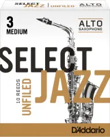 Alto saxophone reeds D'Addario Select Jazz Unfiled RRS10ASX3M - Unfiled alto saxophone reed from thicker blank with thicker heart with strength 3 medium. Price per pack of 10 pieces