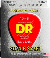 DR SIA-10 - струны для акустической гитары, Калибр: 10-48, Серия: SILVER STARS™, Обмотка: посеребрёная медь, Покрытие: сверху корда
