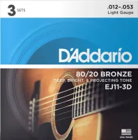 EJ11-3D Bronze 80/20 Струны для акустической гитары, бронза, 12-53, 3 комплекта, D'Addario