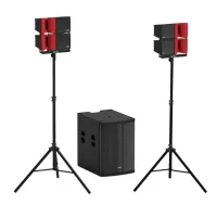 ECO FLAMENCO set Звукоусилительный комплект в составе: 4 широкополосные системы, 1 сабвуфер, с  3-канальным усилительным модулем с аудиопроигрывателем, 2 стойки-треноги, монтажный и коммутационный наборы. Поставляется в 3 коробках.