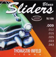 Electric guitar string set Thomastik Sliders SL109 - Electric guitar strings with round wound basses with silk core and steel tops, thickness .009-.043 inch