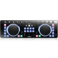 iCON iDJ - Компактный DJ контроллер, сенсорные скрэтч-диски с импульсным датчиком высоконо разрешения, вертикальные фейдеры регулировки громкости, вертикальные фейдеры регулировки темпа, горизонтальный кроссфейдер, два 3-х полосных эквалайзера Hi/Mid/Low