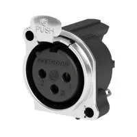 Seetronic SCADF3-H Разъем cannon (XLR) панельный мама 3-х контактный с монтажом в печатную плату. Металлический корпус, Покрытие контактов: золото, Цвет: хром, Grounding: separate ground contact to mating connector shell and front panel, horizontal PCB mo