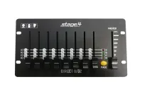 STAGE4 DIRECT 8/32 - Контроллер управления светом / 32 DMX-канала / 4 страницы по 8 каналов / 8 фейдеров + 1 мастер фейдер / Кнопка переключения страниц и индикация включенной страницы / Два режима питания: от сети 220В от и сменного элемента питания 9V (