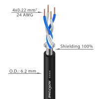 ROXTONE MC040/100 Blue Симметричный микрофонный кабель StarQuad из бескислородной меди 100м, 4x0,22мм2., D 6,2мм, AWG: 24, 95% экранирование (сетка из луженой медной проволоки), цвет: Синий. Температурный режим эксплуатации: -20/+70