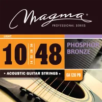 12 string guitar string set Magma GA120PB12 - Steel strings with rich and bright sound, light tension, thickness .010-.048 inch. Bass strings with phosphor bronze wound round core.