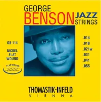 Electric guitar string set Thomastik George Benson GB114 - Jazz archtop guitar strings with flat nickel wound basses and steel trebles named after George Benson, thickness .014-.055 inch
