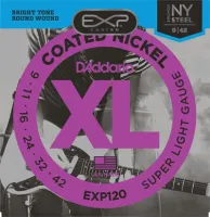 Electric guitar string set D'Addario EXP120 - Electric guitar strings with nickel-plated wound hexagonal core and EXP coating. Extra light tension, thickness .009-.042 inch