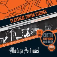 Classical guitar string set Medina Artigas Naranja 550 - Medium tension classical guitar string set with powerful bass. Cast transparent nylon trebles, golden wound basses.