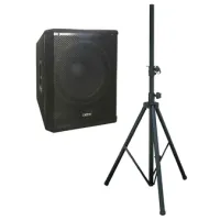 ECO PRESTO SUB-15A Wall mounting (T) + SS018A (set) Комплект из активной акустической низкочастотной (сабвуфер) системы с возможностью крепления на стену и стойки-стеноги Roxtone SS018A. Мощность 500 W (RMS), динамик 15", усилитель класса D, встроенный ст
