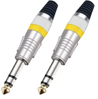 Taverlab P1084-Yellow - Разъём прямой, кабельный, никелированный, джек 6.35мм симметричный "папа" (корпус цинковый сплав, жёлтый)