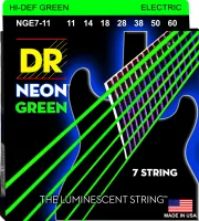 DR NGE7-11 - струны для 7-струнной электрогитары, Калибр: 11-60, Серия: HI-DEF NEON™, Обмотка: посеребрёная/никелированая сталь, Покрытие: люминесцент
