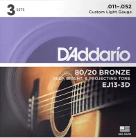 EJ13-3D Bronze 80/20 Струны для акустической гитары, бронза, 11-52, 3 комплекта, D'Addario