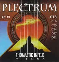 Acoustic guitar string set Thomastik Plectrum AC113 - Lighter tension acoustic guitar strings with flat bronze wound mids, round bronze wound E6 and steel tops, thickness .013-.061 inch