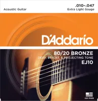 Acoustic guitar string set D'Addario EJ10 - Струны для акустической гитары с углеродистыми стальными верхами и басами с бронзовой обмоткой 80/20 по шестигранной основе. Сверхлегкое натяжение .010-.047