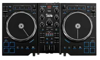 HERCULES DJ CONTROL AIR + - DJ-контроллер, поддерживающий 2-деки проигрывания, out (2 RCA), 2 Jog-диска. Бесконтактный датчик микширования. TRS Mic-In/1 Headphone-Out. Информативная панель управления. Поддержка MIDI адреса на всех фейдерах. ПО: DjucedTM40