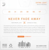 Комплект струн для акустической гитары d'addario xsabr1047 - струны для акустической гитары с стальными верхами ny и басами с бронзовой обмоткой 80/20 по шестигранной основе и покрытием xt. сверхслабое натяжение, толщина .010-.047 дюйма