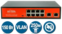 WI-PS210G, Коммутатор неуправляемый PoE 120Вт, порты 8 PoE FE + 2GE, режимы CCTV/VLAN, Watchdog, QoS