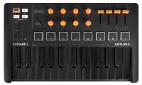 MIDI клавиатура [231507] Arturia [MiniLAB 3 Orange Edition] 25 клавиш, 8 энкодеров, 8 RGB пэдов, 8 фейдеров, дисплей, сенсорные регуляторы Pitch/Modulation, MIDI-выход, 1/4" Jack вход педали, режим Chord, арпеджиатор, USB-C