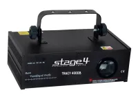 STAGE 4  TRACY 400GB Тип<br>Мультиэффект Скорость сканирования<br>2 500 pps Тип излучателей Лазерный диод, DPSS Излучатели Зелёный: 60мВ/532нм +Синий: 300мВ/450нм Луч (∅, расхождение)<br>2,5мм/2мрад Управление Габариты (мм)/вес (кг) 310х190х105/4