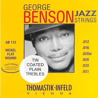 Electric guitar string set Thomastik George Benson GB112 - Jazz archtop guitar strings with flat nickel wound basses and steel trebles named after George Benson, thickness .012-.053 inch