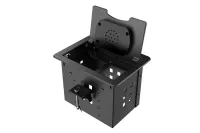 Прямоугольный металлический корпус Wize Pro [WRTS-06BOXQI-B] для модульной системы врезного лючка в стол с откидывающейся крышкой,до 6 модулей-вставок, беспроводная зарядка 10Вт для моб.устройств на крышке, преустановленная рамка,черный