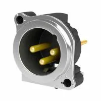 Seetronic SCADM3-V1 Разъем cannon (XLR) панельный папа 3-х контактный с монтажом в печатную плату. Металлический корпус, Покрытие контактов: золото, Цвет: хром. Grounding: mated connector housing to pin1 and front panel, vertical PCB mount