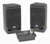 XP308i Мобильный звуковой комплект: Две акустич. системы 2х150 Вт (8"НЧ+1"ВЧ) 90°х60°, встр. 8-ми канальн. микшер-усилитель 300 Вт с процессором эффектов, док-станция для iPod, соед. Кабели. SAMSON