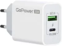 00-00030975 Сетевое зарядное устройство GPQC08, 1USB+1Type-C, 20Вт QC3.0, черный, GoPower