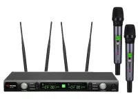 VOLTA US-102 with aluminuim case (590-630MHZ) Микрофонная 100-канальная радиосистема с двумя ручными динамическими микрофонами UHF диапазона (600-636 мГц). PLL-synthes, LCD-дисплей, True Diversity, 1 U 19" рэк. 1pcs in box: 500x344x72 mm, 5 pcs in box: 51