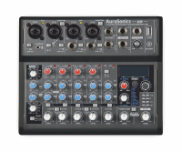 Aurasonics k8 компактный микшерный пульт 2 мик.+2 мик.моно/линейных стерео+1 лин.стерео+fxстерео+дополнительный стереоканал со встроенных источников bluetuuth/pc-audio/usb-плеер, параметрический эквалайзер flexieq