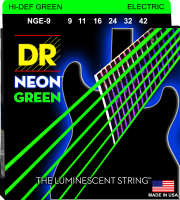 DR NGE-9 - струны для электрогитары, Калибр: 9-42, Серия: HI-DEF NEON™, Обмотка: посеребрёная/никелированая сталь, Покрытие: люминесцентное