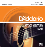 Acoustic guitar string set D'Addario EJ10 - Струны для акустической гитары с углеродистыми стальными верхами и басами с бронзовой обмоткой 80/20 по шестигранной основе. Сверхлегкое натяжение .010-.047